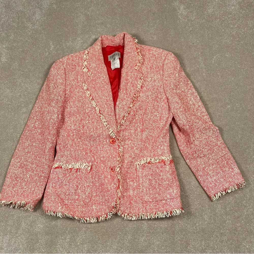 Feraud Pink/Cream Tweed 2 Button Blazer Fringe Hem Vintage Hungary Women's 6